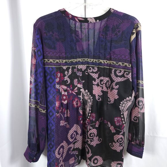 Chico's 0 Womens 4 Purple Floral Flower Sheer Button Up Tunic Blouse Top Shirt - Picture 3 of 7